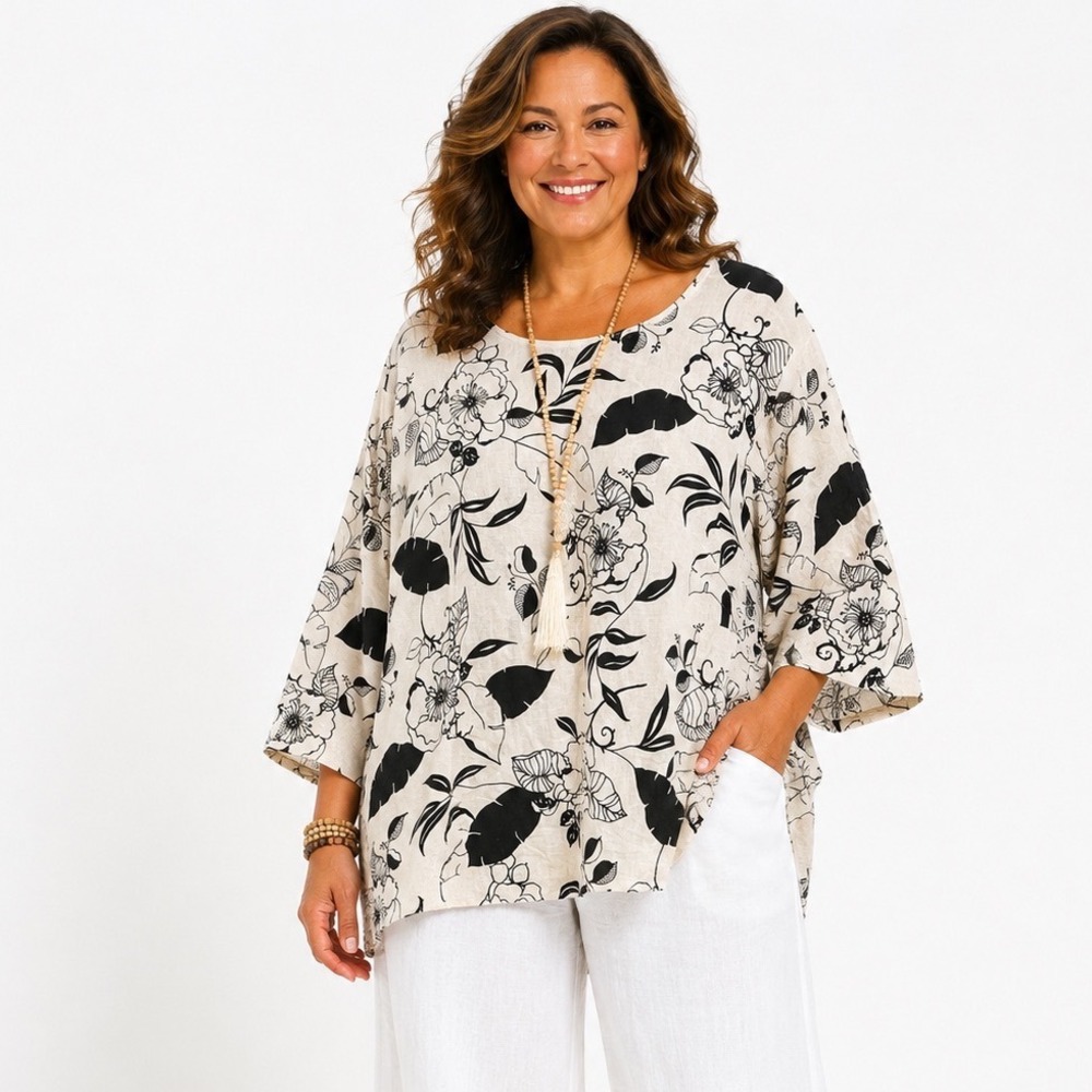 Hot Cotton Blouse 3X Linen Blend Floral Print 3/4 Sleeve Beige Black Top